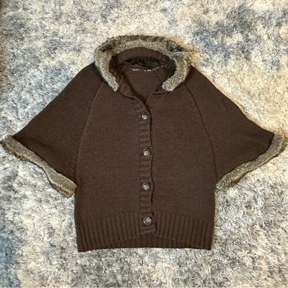 Daisy Fuentes Brown Faux Fur Button Down 3/4 Raglan Sleeve Sweater Poncho Sz M
